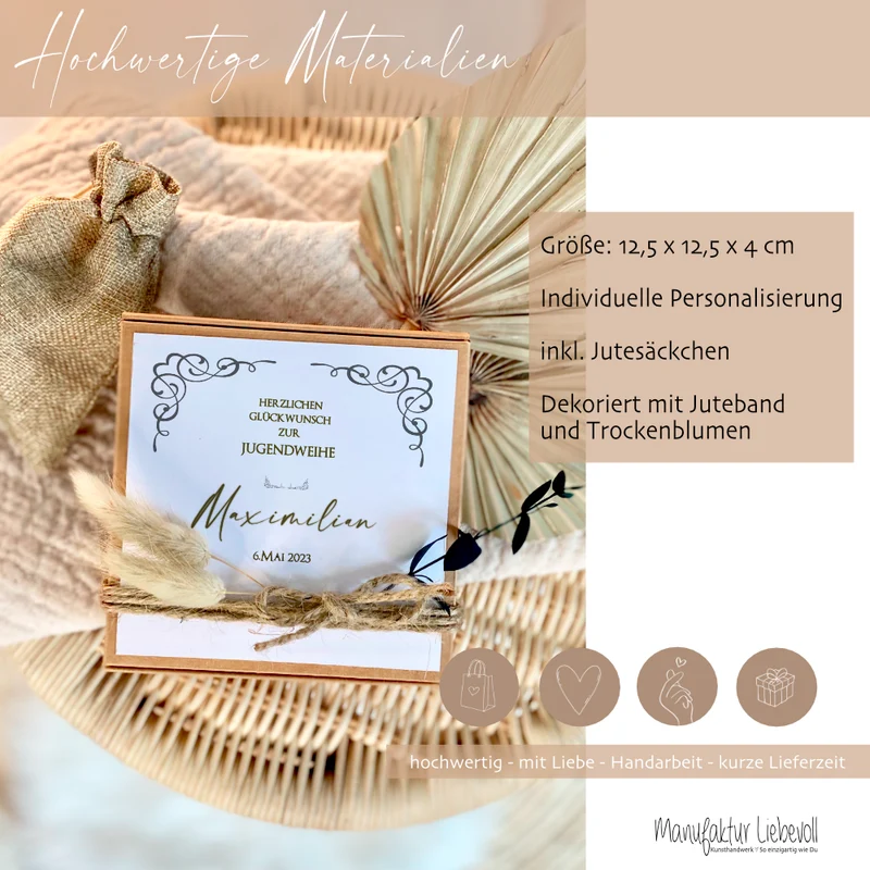 Personalisiertes Jugendweihe Geschenk Geschenkschachtel für Jungen Jugendweihegeschenk individuelles Geldgeschenk inkl. Jutebeutel Geschenkidee Teenager I Manufaktur Liebevoll