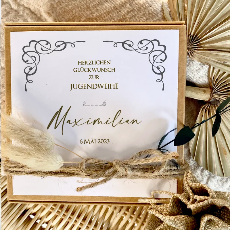 Personalisiertes Jugendweihe Geschenk Geschenkschachtel für Jungen Jugendweihegeschenk individuelles Geldgeschenk inkl. Jutebeutel Geschenkidee Teenager I Manufaktur Liebevoll