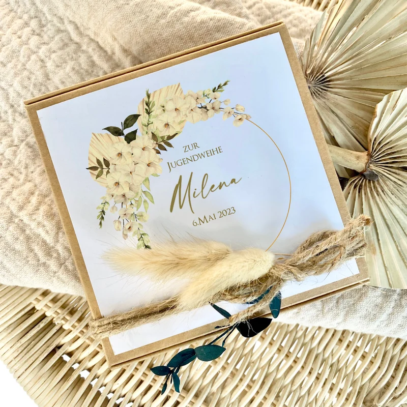 Geschenkschachtel mit Karte Jugendweihegeschenk, Konfirmaion Geschenk, Kommunion Karte mit Namen, Geldgeschenk Box inkl. Jutebeutel I Manufaktur Liebevoll