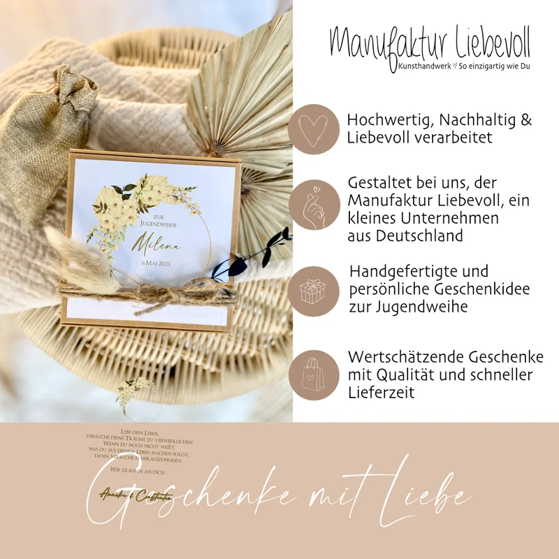 Geschenkschachtel mit Karte Jugendweihegeschenk, Konfirmaion Geschenk, Kommunion Karte mit Namen, Geldgeschenk Box inkl. Jutebeutel I Manufaktur Liebevoll