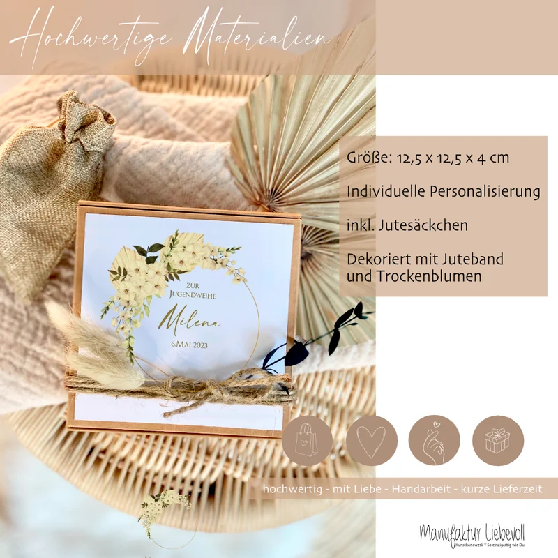 Geschenkschachtel mit Karte Jugendweihegeschenk, Konfirmaion Geschenk, Kommunion Karte mit Namen, Geldgeschenk Box inkl. Jutebeutel I Manufaktur Liebevoll
