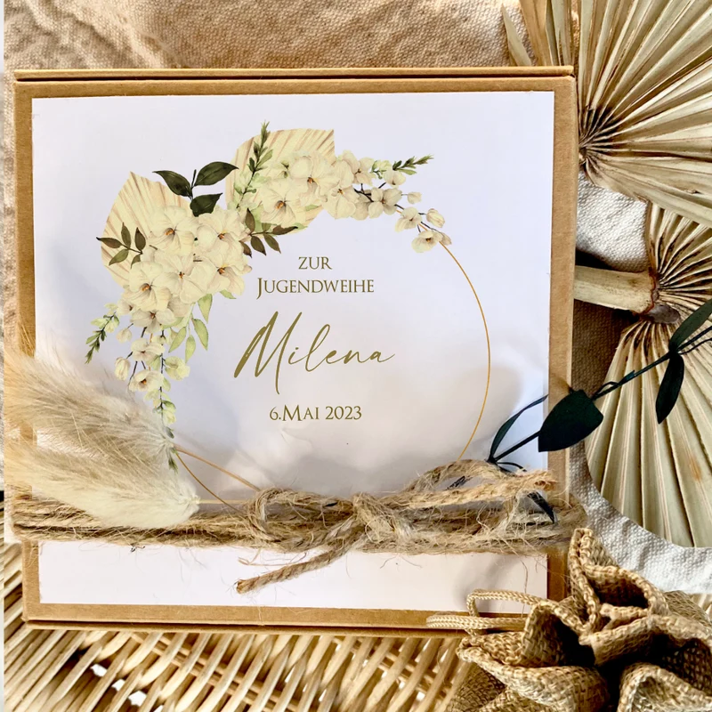 Geschenkschachtel mit Karte Jugendweihegeschenk, Konfirmaion Geschenk, Kommunion Karte mit Namen, Geldgeschenk Box inkl. Jutebeutel I Manufaktur Liebevoll