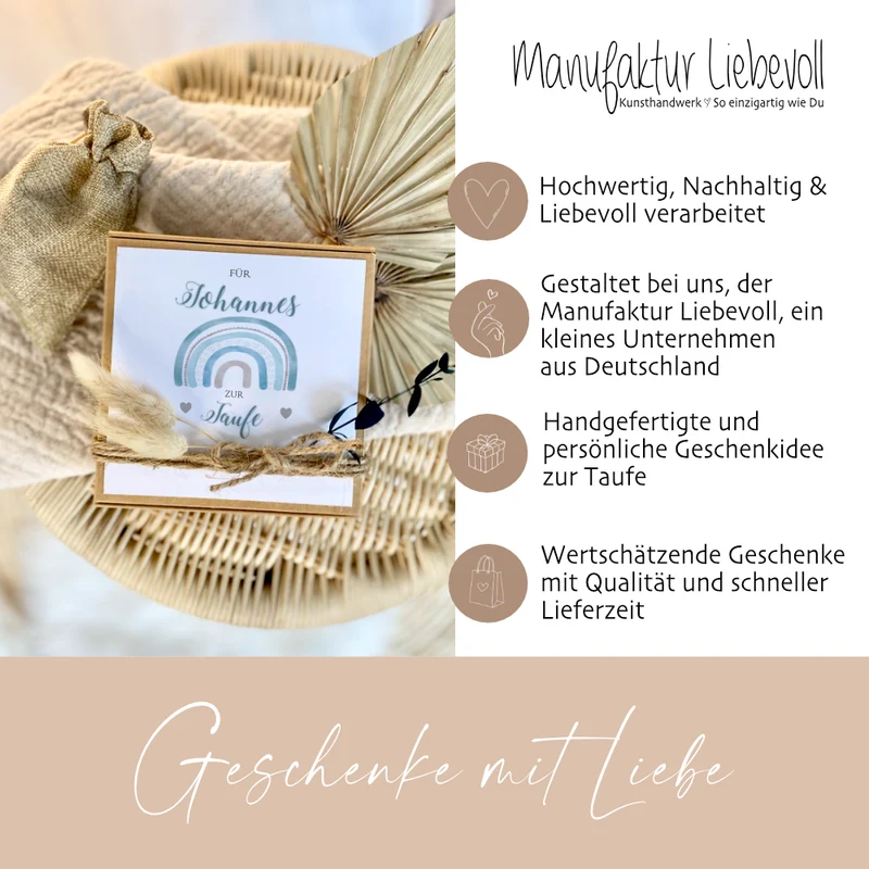 Personalisierte Geschenkschachtel Regenbogen Taufgeschenk für Jungen, individuelles Geldgeschenk zur Taufe inkl. Jutebeutel I Manufaktur Liebevoll