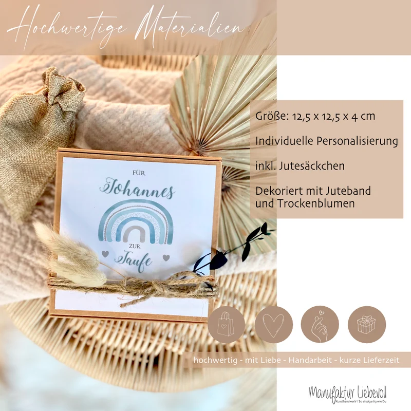 Personalisierte Geschenkschachtel Regenbogen Taufgeschenk für Jungen, individuelles Geldgeschenk zur Taufe inkl. Jutebeutel I Manufaktur Liebevoll