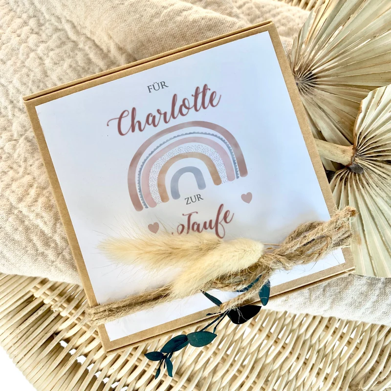Personalisierte Geschenkschachtel Regenbogen für Mädchen, individuelles Geldgeschenk zur Taufe inkl. Jutebeutel I Manufaktur Liebevoll
