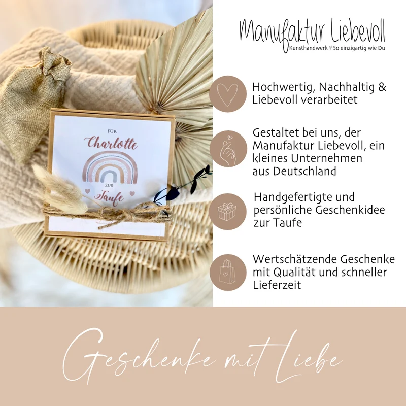 Personalisierte Geschenkschachtel Regenbogen für Mädchen, individuelles Geldgeschenk zur Taufe inkl. Jutebeutel I Manufaktur Liebevoll