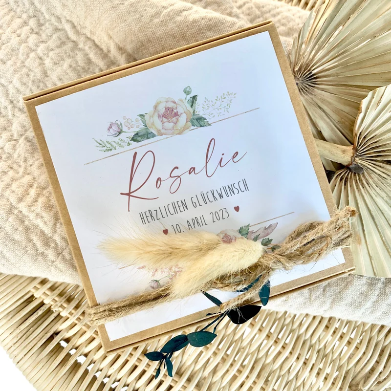 Personalisierte Geschenkschachtel, individuelles Geldgeschenk zur Taufe, Geburtstag, Kommunion, Jugendweihe, inkl. Jutebeutel I Manufaktur Liebevoll