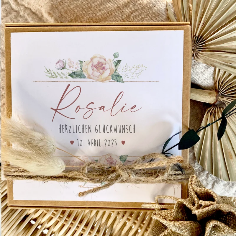 Personalisierte Geschenkschachtel, individuelles Geldgeschenk zur Taufe, Geburtstag, Kommunion, Jugendweihe, inkl. Jutebeutel I Manufaktur Liebevoll