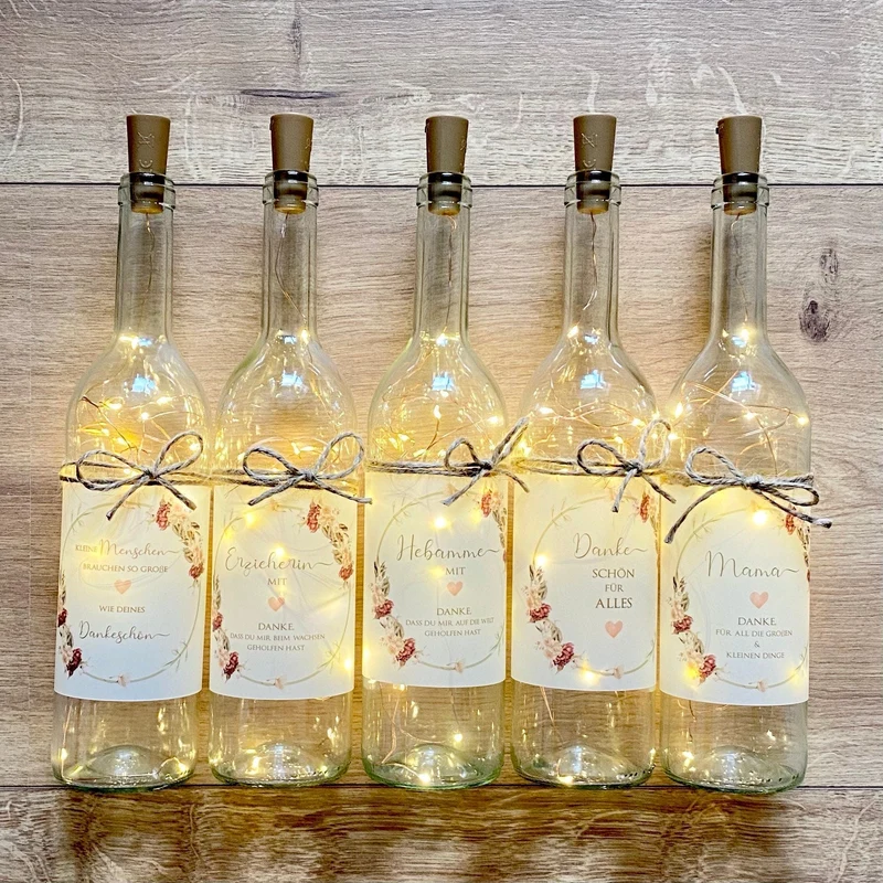 Leuchtflasche mit Spruch "Hebamme mit Herz" | Flaschenlicht als Geschenk u. Dankeschön | Besondere Geschenkidee um Danke zu sagen | 6 Motivvarianten zur Auswahl