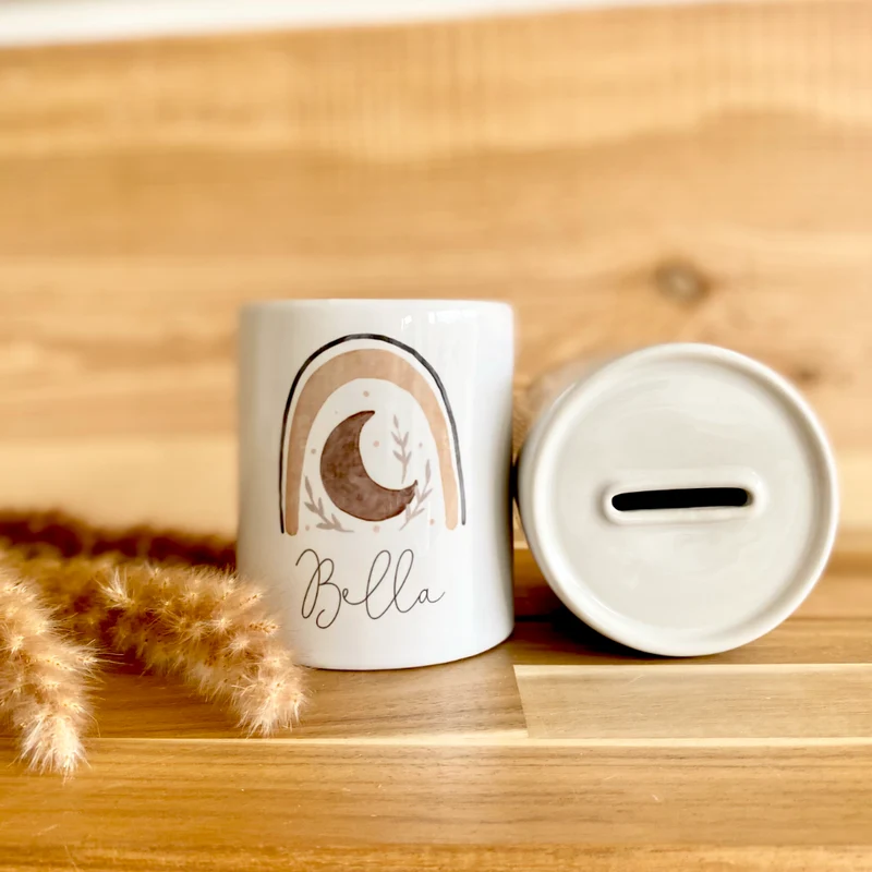 Personalisierte Spardose mit Boho Regenbogen | Geschenk mit Namen für Mädchen und Jungen