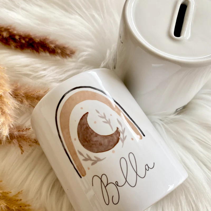 Personalisierte Spardose mit Boho Regenbogen | Geschenk mit Namen für Mädchen und Jungen