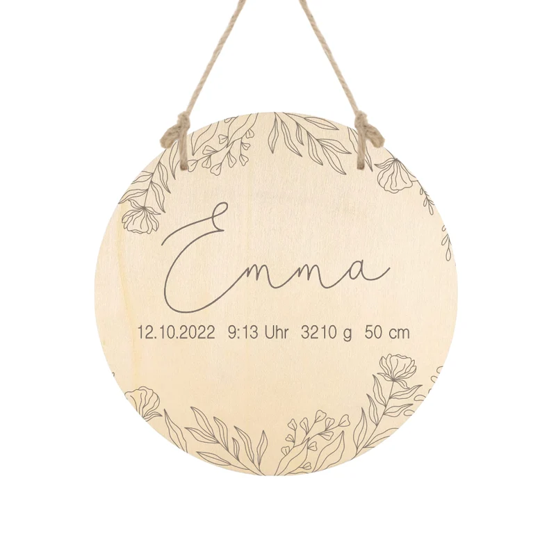 Personalisiertes Geschenk für Babys zur Geburt u. Taufe | Babygeschenk mit dem Namen u. den Geburtsdaten | Florales Holzschild für das Babyzimmer