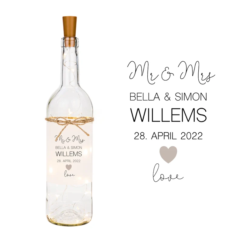 Hochzeitsgeschenk "Mr. & Mrs." mit Namen und Datum | Personalisiertes Flaschenlicht zur Hochzeit | Besondere Geschenkidee u. schöne Hochzeitsdeko