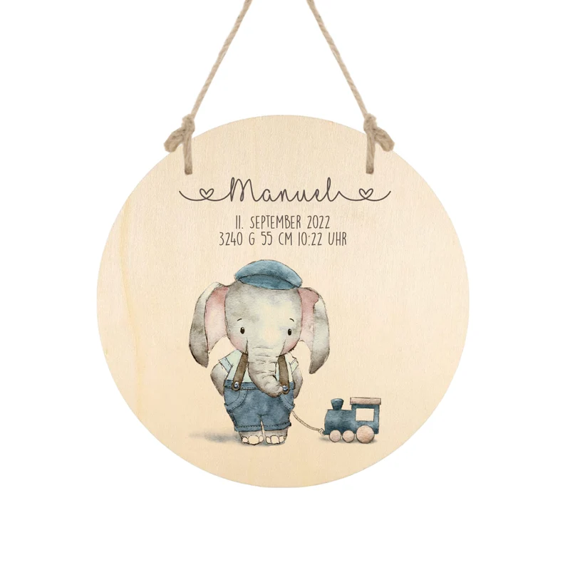 Holzschild mit Elefant, Namen und Geburtsdaten für Mädchen u. Jungen | Personalisiertes Geschenk u. Babygeschenk zur Geburt u. Taufe