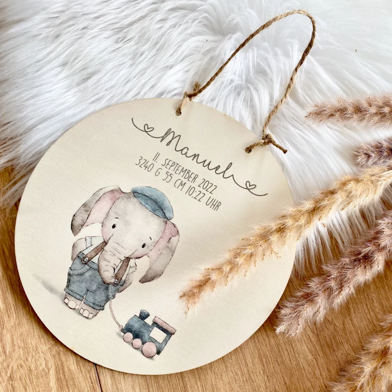 Holzschild mit Elefant, Namen und Geburtsdaten für Mädchen u. Jungen | Personalisiertes Geschenk u. Babygeschenk zur Geburt u. Taufe