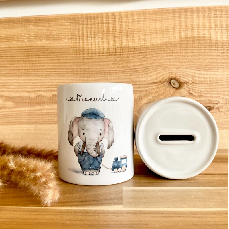 Spardose mit Elefant und Namen für Kinder | Personalisierte Kinderspardose aus Keramik für Mädchen und Jungen