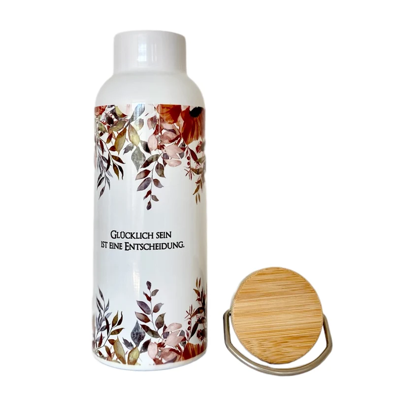 Trinkflasche "Autumn" mit Namen, Spruch und Blüten | Personalisiertes Geschenk mit Namen | 500 ml Isolierflasche aus Edelstahl mit Bambusdeckel