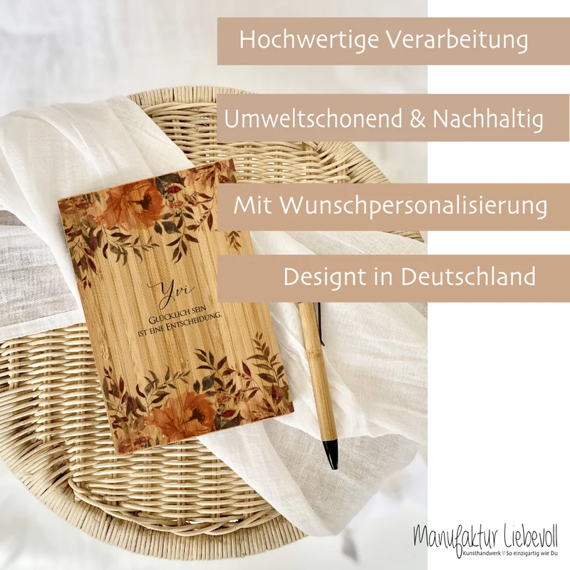 Notizbuch "Glücklich sein" mit Namen und Blumen | Personalisiertes Buch aus Bambus und Kugelschreiber | Persönliche Geschenkidee für Sie