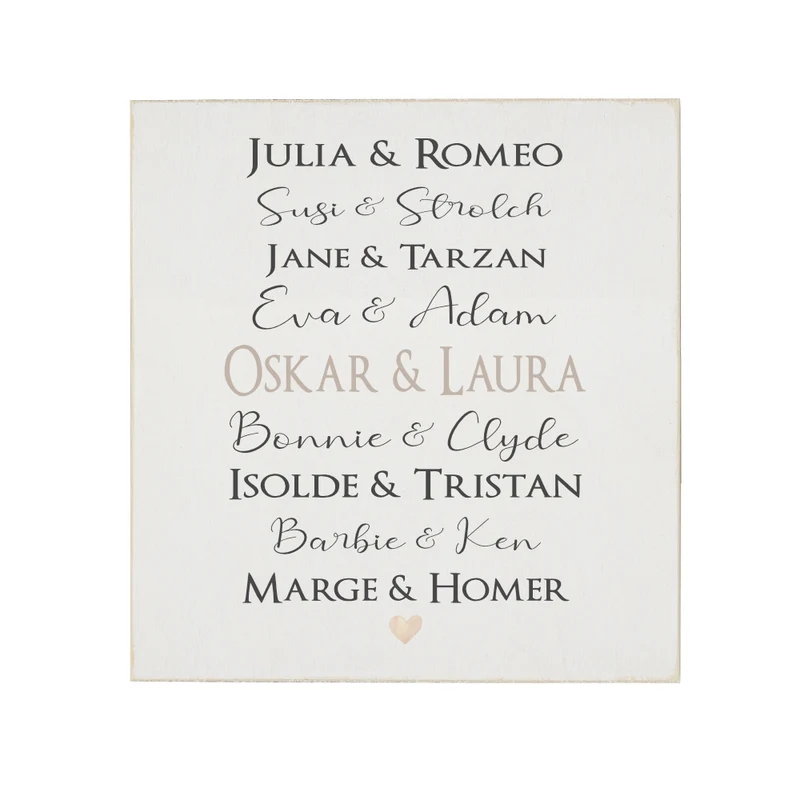 Originelles Geschenk für verliebte Paare | Holzbild gestaltet mit den Namen des Paares | Personalisierte Geschenkidee zum Jahrestag u. Valentinstag