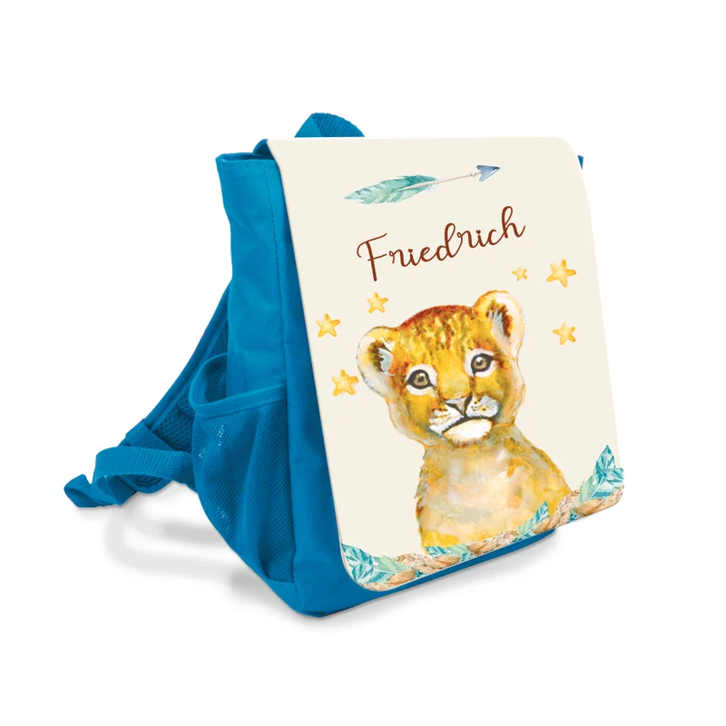 Personalisierter Kinderrucksack Löwe | blauer Tiermotiv Rucksack für Jungen | Kindergartenrucksack als tolles Geschenk für Kitakinder von 2-6 Jahre