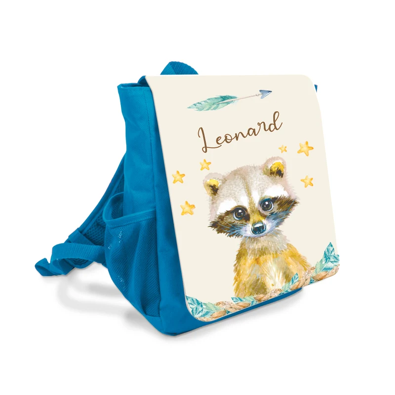 Personalisierter Tier Rucksack Waschbär | blauer Kinderrucksack Name für Mädchen und Jungen | Kindergartenrucksack als tolles Geschenk für Kitakinder von 2-6 Jahre
