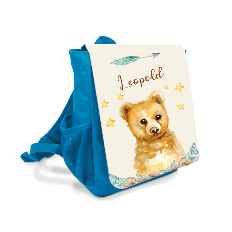 Personalisierter Kinderrucksack Tiermotiv Bär | blauer Rucksack für Jungen | Kindergartenrucksack als tolles Geschenk für Kitakinder von 2-6 Jahre