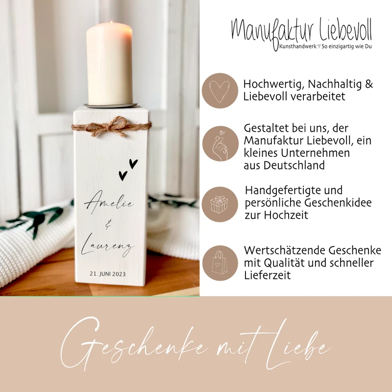 Personalisierter Holz Kerzenständer als Geschenkidee zur Hochzeit, Trauung, Vermählung, Hochzeitsgeschenk mit Namen u. Hochzeitsdatum