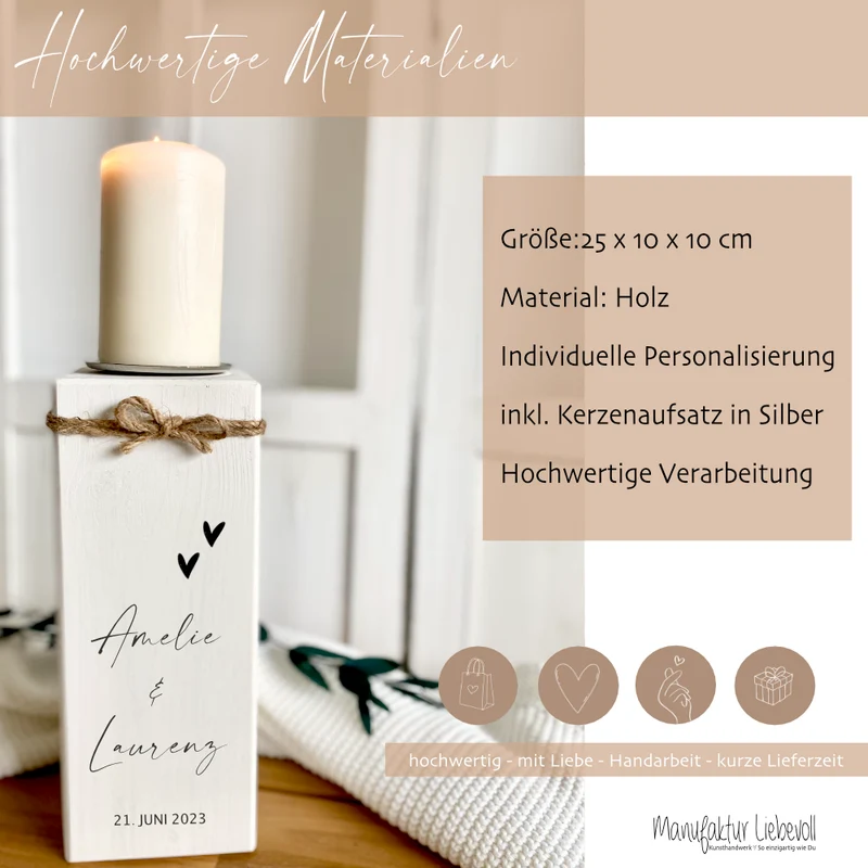Personalisierter Holz Kerzenständer als Geschenkidee zur Hochzeit, Trauung, Vermählung, Hochzeitsgeschenk mit Namen u. Hochzeitsdatum