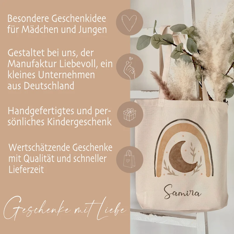 Personalisierter Stoffbeutel für Kinder, Stofftasche mit Regenbogen und Namen
