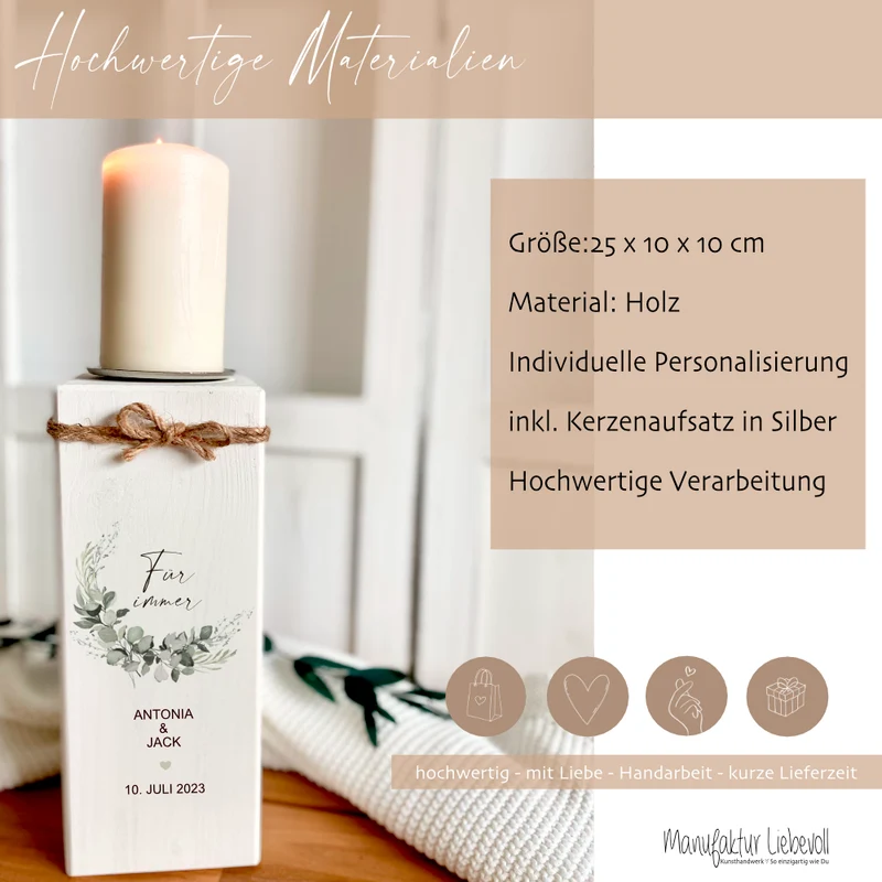 Personalisierter Kerzenständer „Für immer“ zu Hochzeit, Vermählung, Trauung | Hochzeitsgeschenk mit Namen u. Hochzeitsdatum