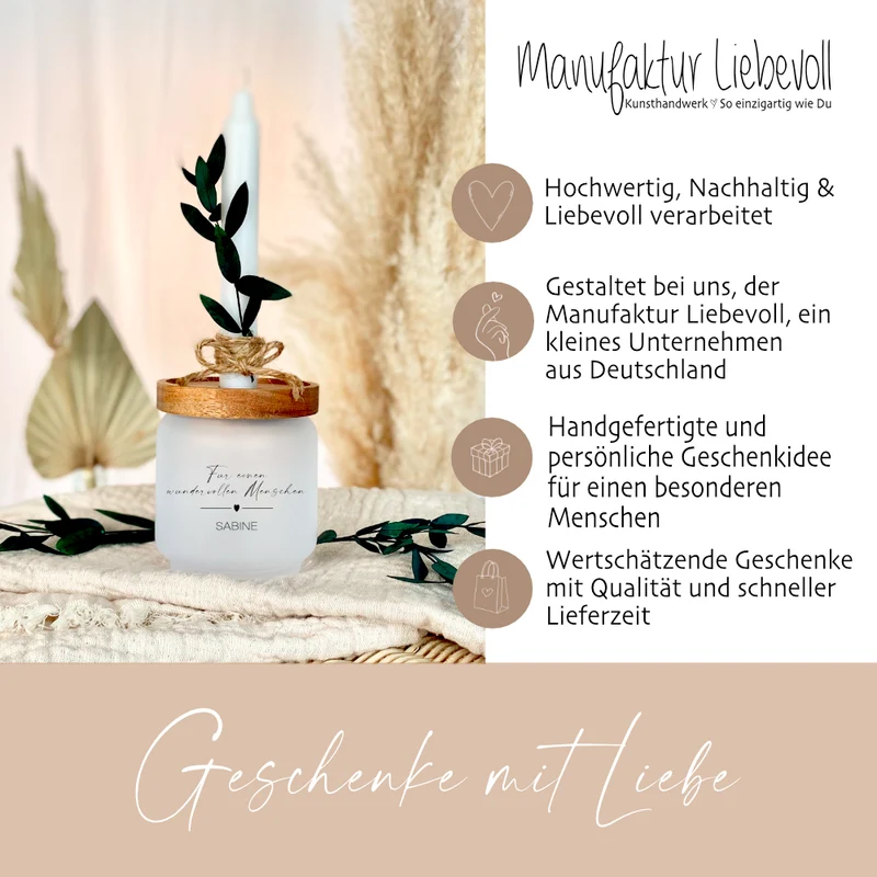 Personalisiertes Geschenkglas "Für einen wundervollen Menschen" mit Wunschtext, Kerze und Trockenblume