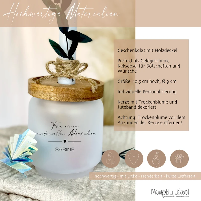 Personalisiertes Geschenkglas "Für einen wundervollen Menschen" mit Wunschtext, Kerze und Trockenblume