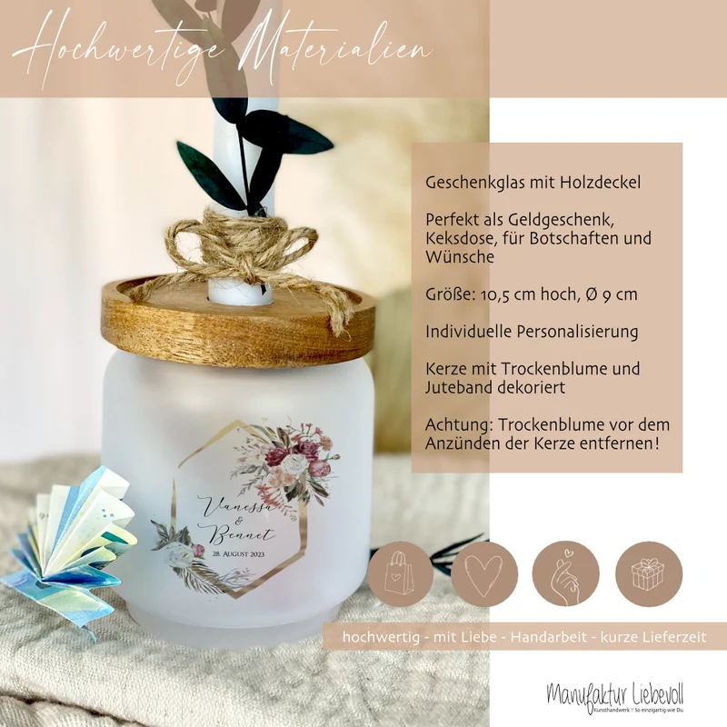 Geschenkglas zur Hochzeit personalisiert mit den Namen des Paares, Geschenkset mit Kerze und Trockenblume
