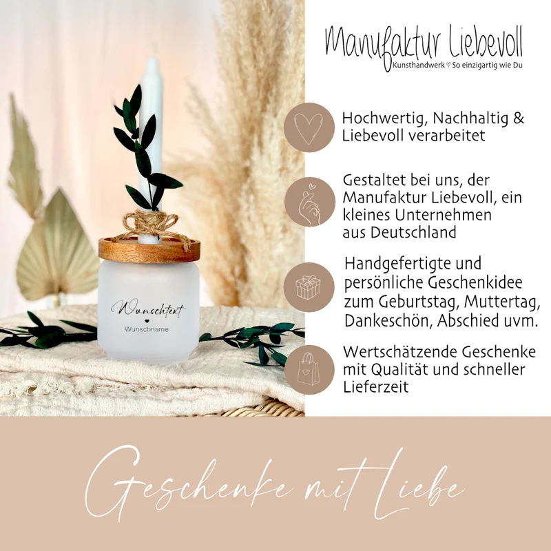 Personalisiertes Geschenkglas mit Wunschtext, Kerze und Trockenblume