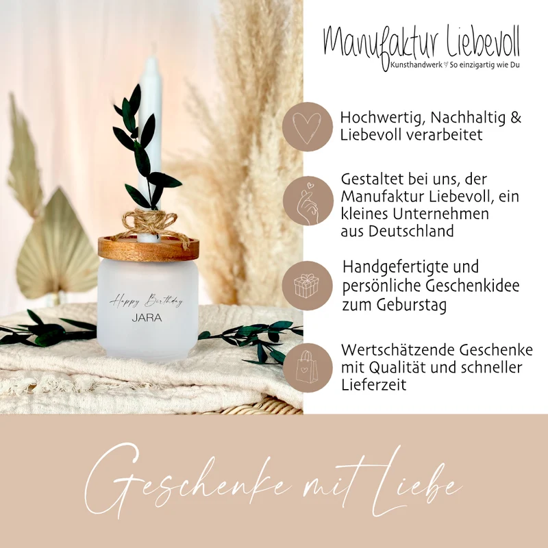 Geschenkglas "Happy Birthday" personalisiert mit dem Namen, Geschenkset mit Geburtstagskerze und Trockenblume