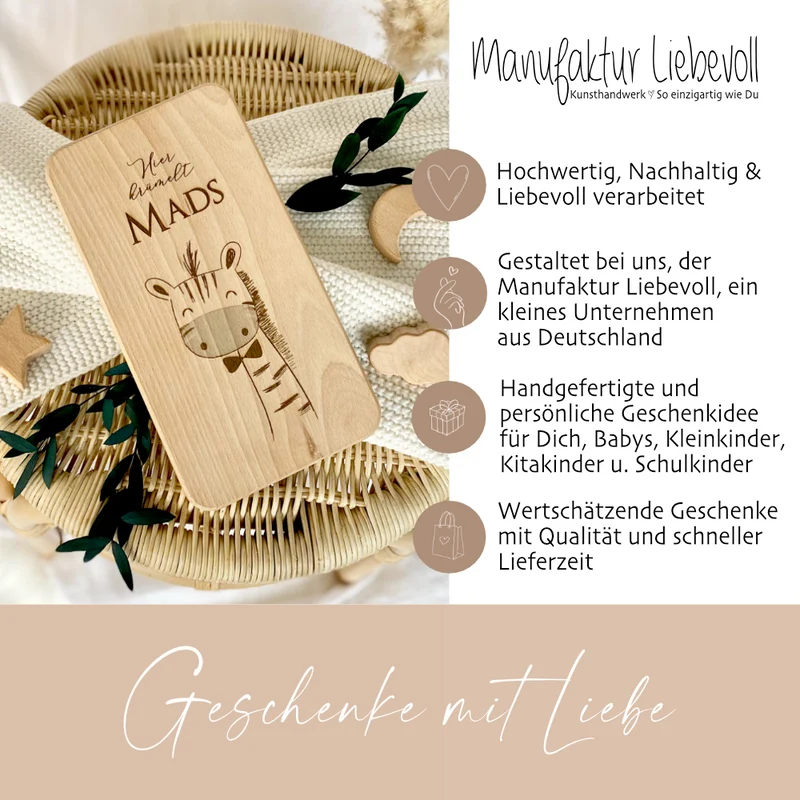 Frühstücksbrett aus Holz "Giraffe" mit Wunschnamen personalisiert