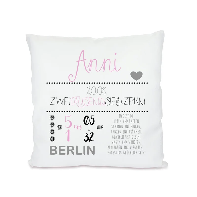 Personalisiertes Kissen zur Geburt u. Taufe | Liebevolles Babygeschenk | Persönliche Dekoration für das Babyzimmer | 2 Farbvarianten zur Auswahl