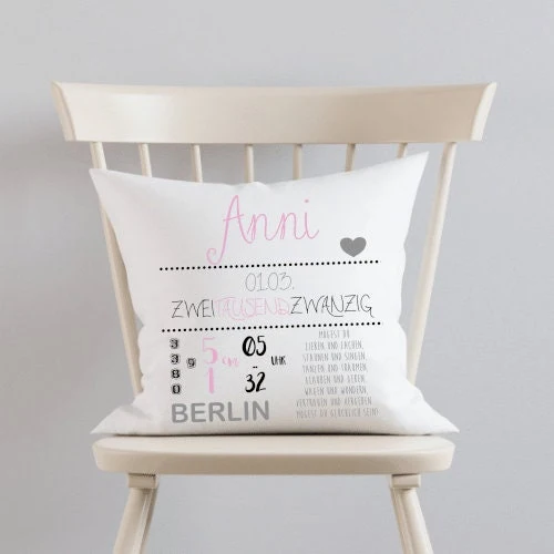 Personalisiertes Kissen zur Geburt u. Taufe | Liebevolles Babygeschenk | Persönliche Dekoration für das Babyzimmer | 2 Farbvarianten zur Auswahl