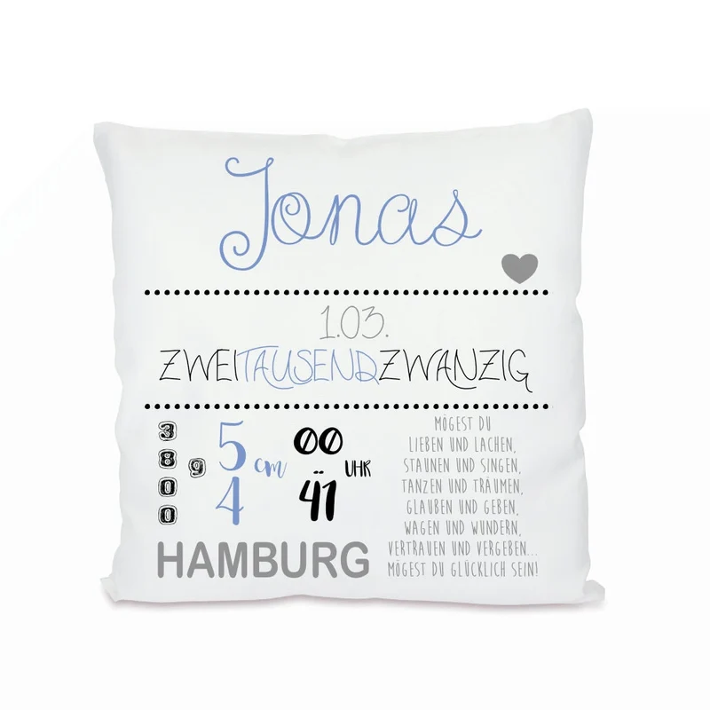 Personalisiertes Geburtskissen mit den Geburtsdaten des Babys | Besonderes Geschenk zur Geburt u. zur Taufe | Schönes Babygeschenk und tolle Erinnerung | 2 Farbvarianten zur Auswahl