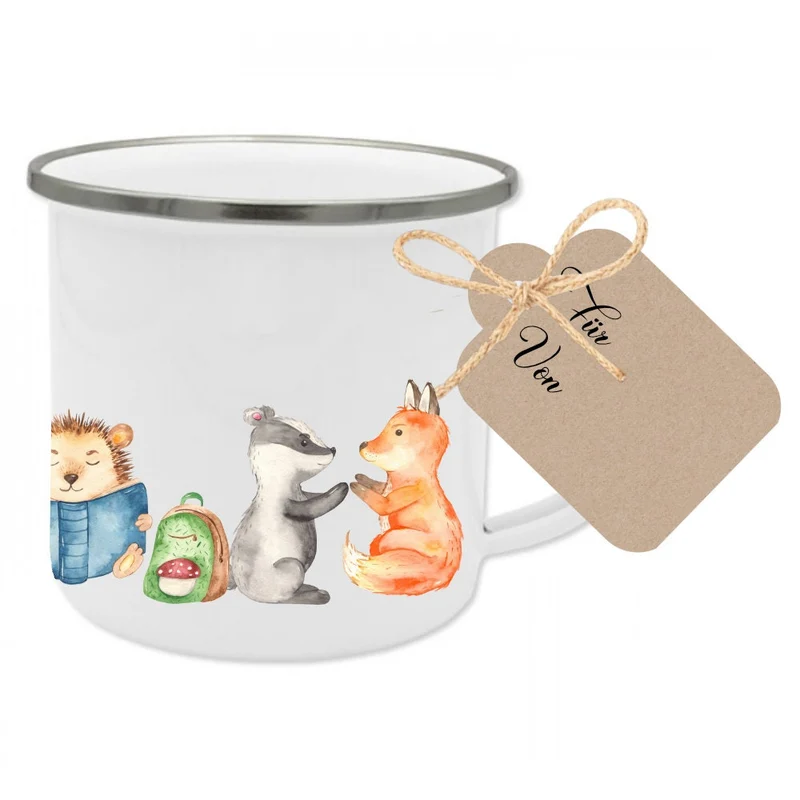 Tasse zur Einschulung mit dem Namen des Schulkindes | Niedliche Waldtiere mit Schultafel und Name des Kindes | Inkl. Geschenkanhänger zum Schulanfang