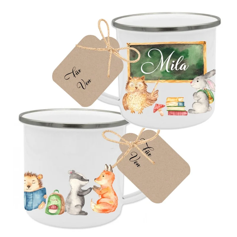 Tasse zur Einschulung mit dem Namen des Schulkindes | Niedliche Waldtiere mit Schultafel und Name des Kindes | Inkl. Geschenkanhänger zum Schulanfang
