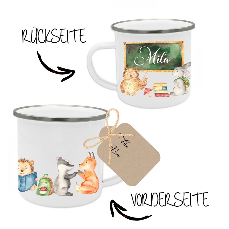 Tasse zur Einschulung mit dem Namen des Schulkindes | Niedliche Waldtiere mit Schultafel und Name des Kindes | Inkl. Geschenkanhänger zum Schulanfang