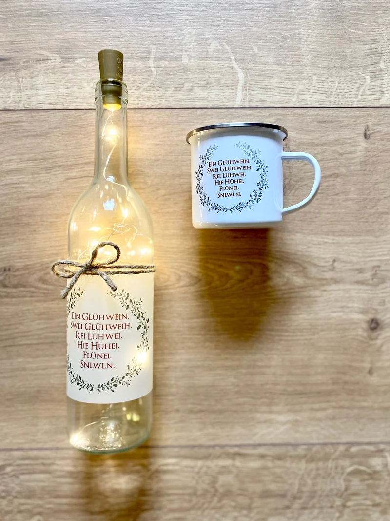 Flaschenlicht mit Spruch "Ein Glühwein, swei Glühweih..." | Originelles Weihnachtsgeschenk u. perfektes Geschenk zum Wichteln