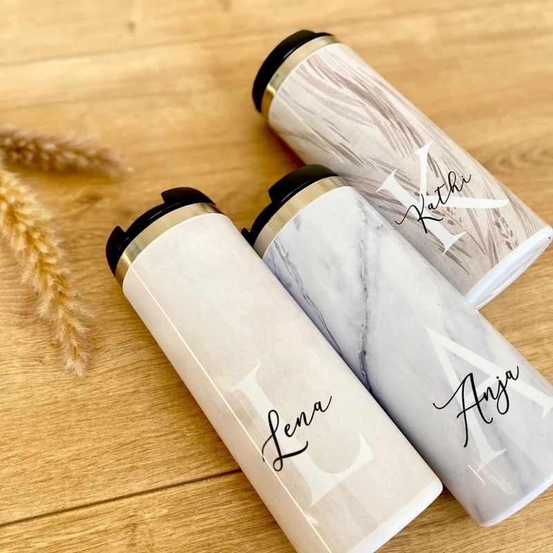 Thermobecher "Marmor" für warme u. kalte Getränke unterwegs | stilvoller Isolierbecher personalisiert mit dem Namen und Buchstaben | 5 Farbvarianten zur Auswahl