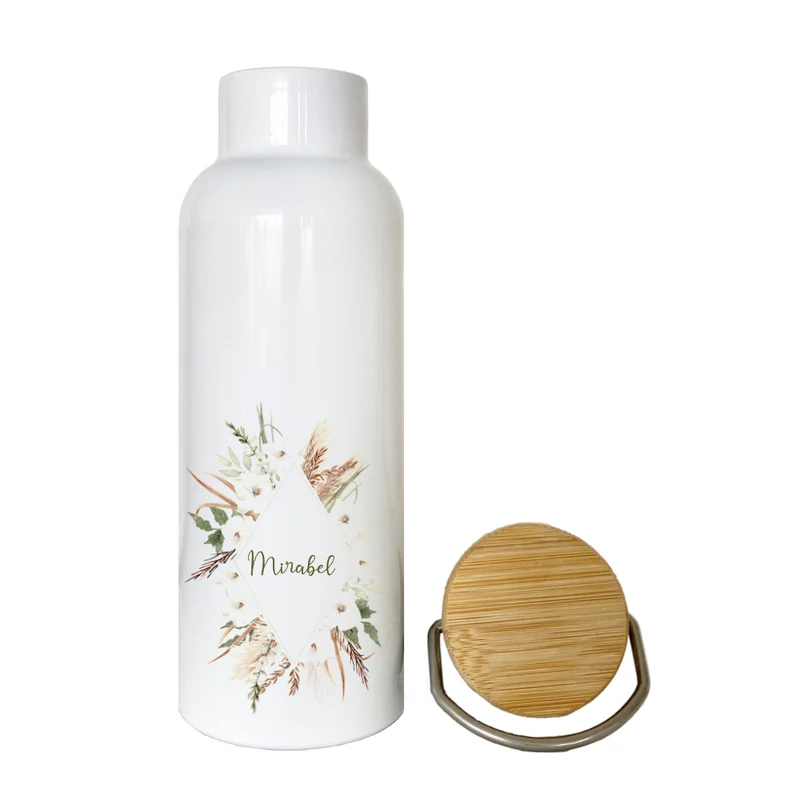 Boho Trinkflasche mit Namen | Personalisiertes Geschenk mit Namen und Blumenkranz | 500 ml Isolierflasche aus Edelstahl mit Bambusdeckel