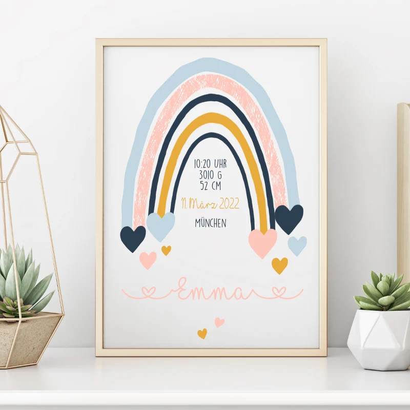 Schönes Wandbild für das Kinderzimmer | Personalisiertes Poster mit einem Regenbogen für Mädchen u. Jungen | Gestaltet mit dem Namen des Kindes | 4 Varianten zur Auswahl