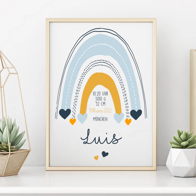 Poster mit Namen und Geburtsdaten | Motiv "Regenbogen" für Jungen u. Mädchen | Liebevolle Dekoration für das Baby- u. Kinderzimmer| Persönliches Geschenk zur Geburt u. Taufe mit Namen | 4 Varianten zur Auswahl