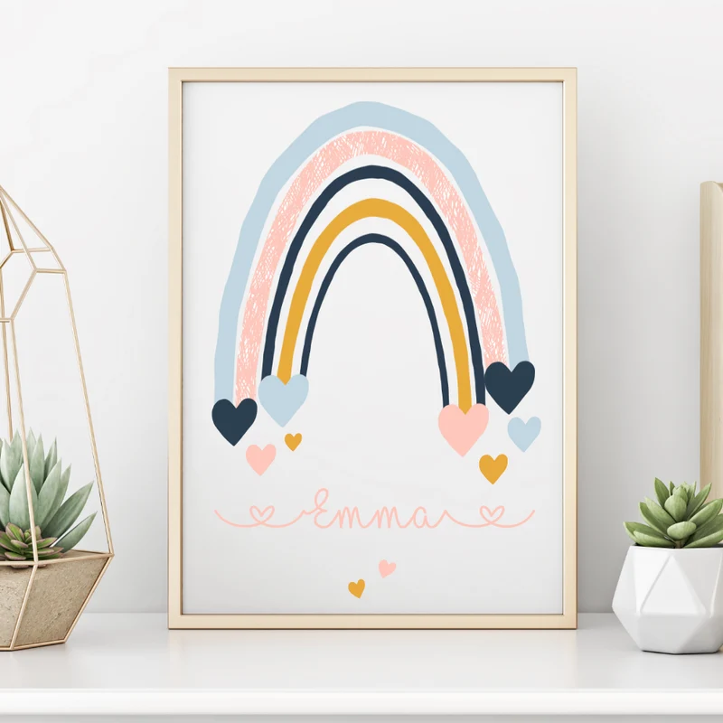 Poster mit Namen und Geburtsdaten | Motiv "Regenbogen" für Jungen u. Mädchen | Liebevolle Dekoration für das Baby- u. Kinderzimmer| Persönliches Geschenk zur Geburt u. Taufe mit Namen | 4 Varianten zur Auswahl