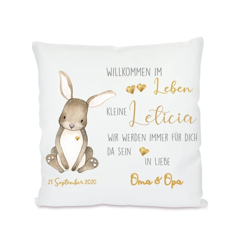 "Willkommen im Leben" | Persönliches Geschenk mit Widmung zur Geburt | Verschenke ein personalisiertes Babykissen mit Namen des Neugeborenen und dem Geburtsdatum | 4 Varianten zur Auswahl