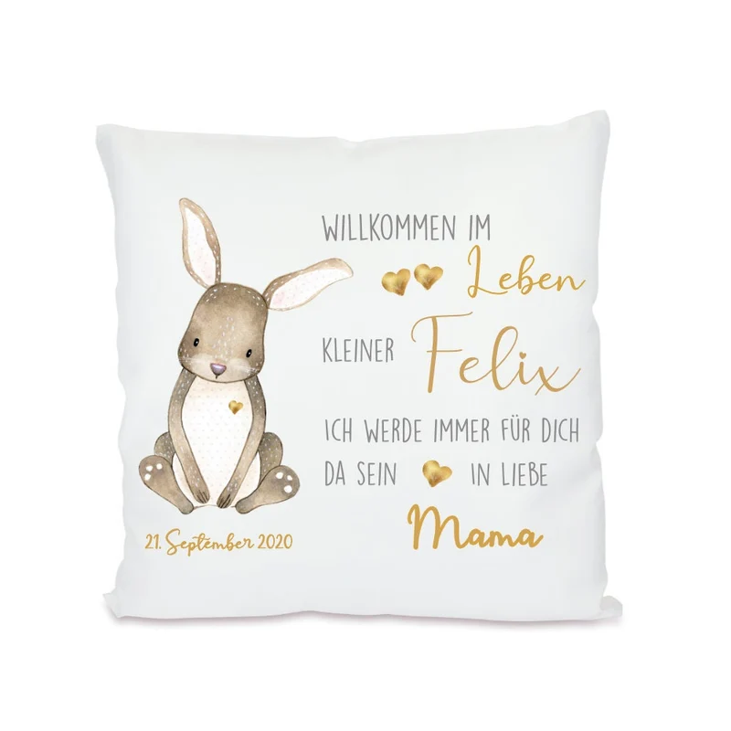 "Willkommen im Leben" | Persönliches Geschenk mit Widmung zur Geburt | Verschenke ein personalisiertes Babykissen mit Namen des Neugeborenen und dem Geburtsdatum | 4 Varianten zur Auswahl